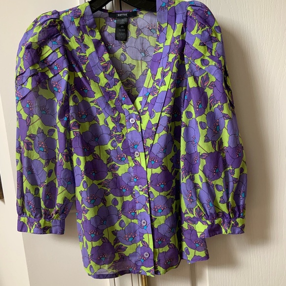 BEAUTIFUL SMYTHE V-NECK FRONTIER COTTON BLOUSE SHIRT IN CHARTREUSE FLORAL - Picture 11 of 16